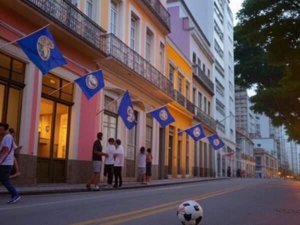 Rua no Rio de Janeiro com bandeiras do Real Madrid celebrando goleada de 6 a 1 sobre Monaco na Champions League.