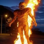 Estátua de jogador de futebol em chamas na praça da Ilha da Madeira, com fundo de montanhas e mar.