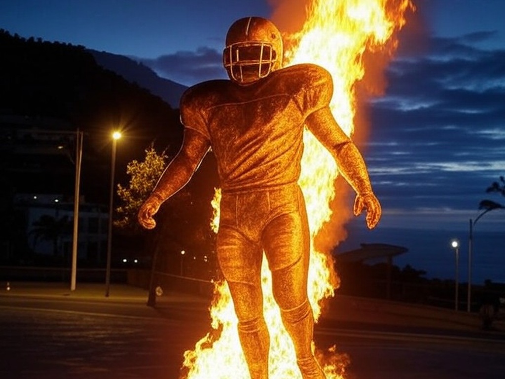 Estátua de jogador de futebol em chamas na praça da Ilha da Madeira, com fundo de montanhas e mar.