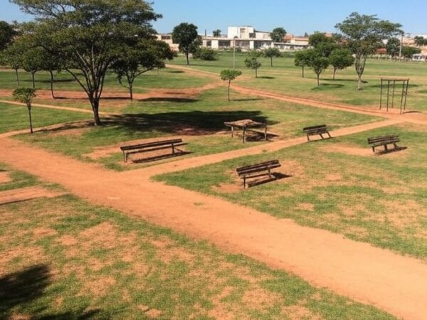 Parque Urbano Denner no Guará em processo de reforma e revitalização, com áreas verdes e caminhos sendo melhorados.