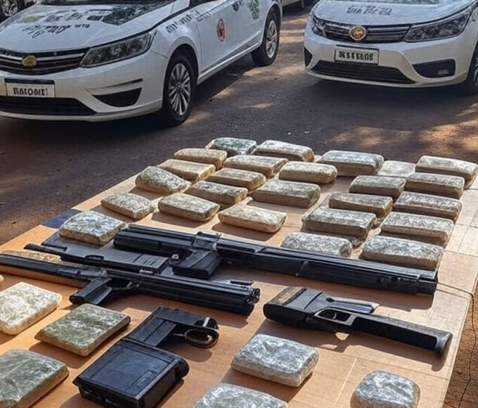 Viaturas da Polícia Civil do DF com drogas e armas apreendidas na Operação Agile em Brasília.