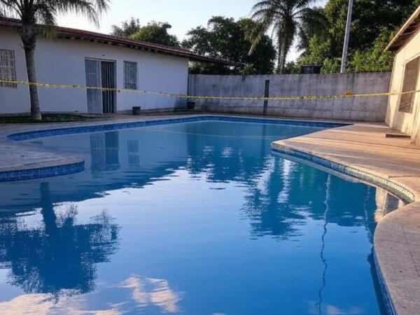 Piscina residencial vazia no Núcleo Bandeirante, com fita de isolamento, representando local de afogamento em Brasília.