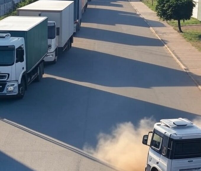 Rua no Gama com caminhões causando transtornos em área residencial no Distrito Federal.