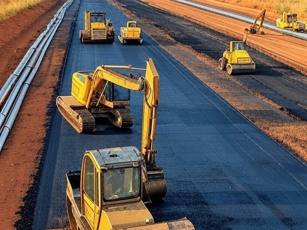 Obras de drenagem e recapeamento na DF-290 em Santa Maria, com máquinas e equipamentos em rodovia suburbana no Distrito Federal.