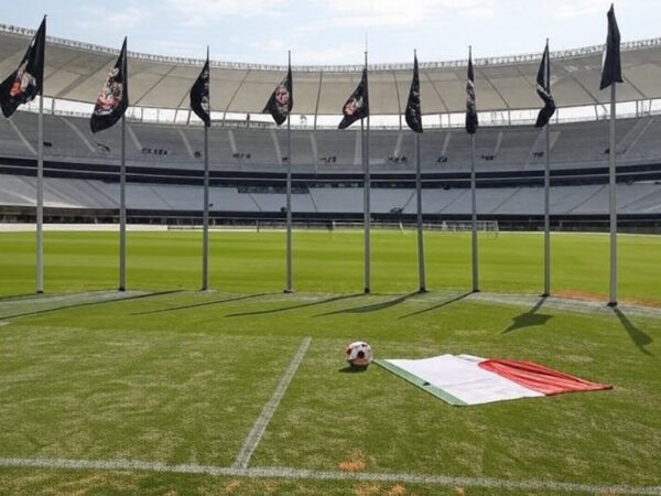 Arena Corinthians com bandeiras do time e elementos de futebol, representando sugestão brincalhona de técnico internacional.