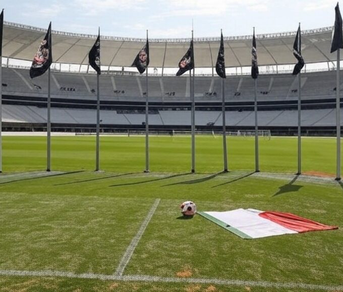 Arena Corinthians com bandeiras do time e elementos de futebol, representando sugestão brincalhona de técnico internacional.