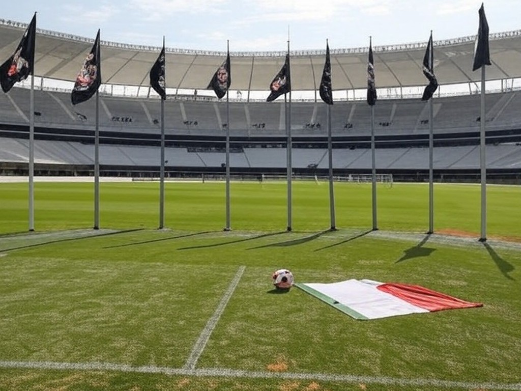 Arena Corinthians com bandeiras do time e elementos de futebol, representando sugestão brincalhona de técnico internacional.