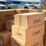 Armazém no DF com mercadorias irregulares apreendidas pela Receita, pilhas de caixas de produtos como eletrônicos e roupas.