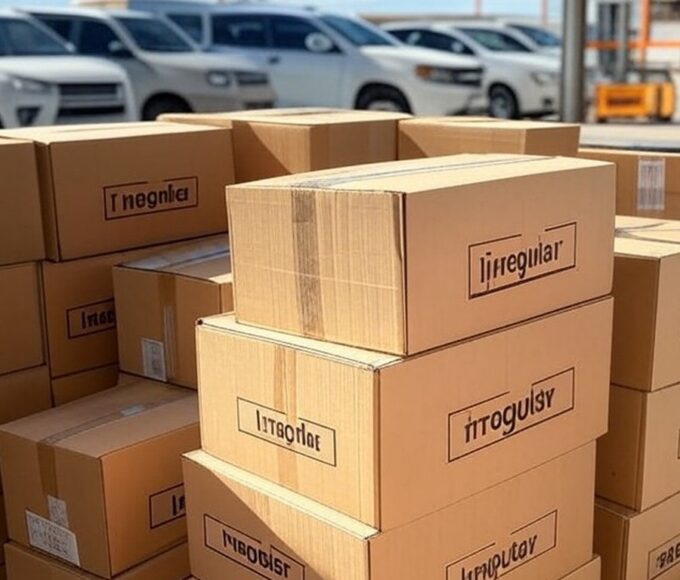 Armazém no DF com mercadorias irregulares apreendidas pela Receita, pilhas de caixas de produtos como eletrônicos e roupas.