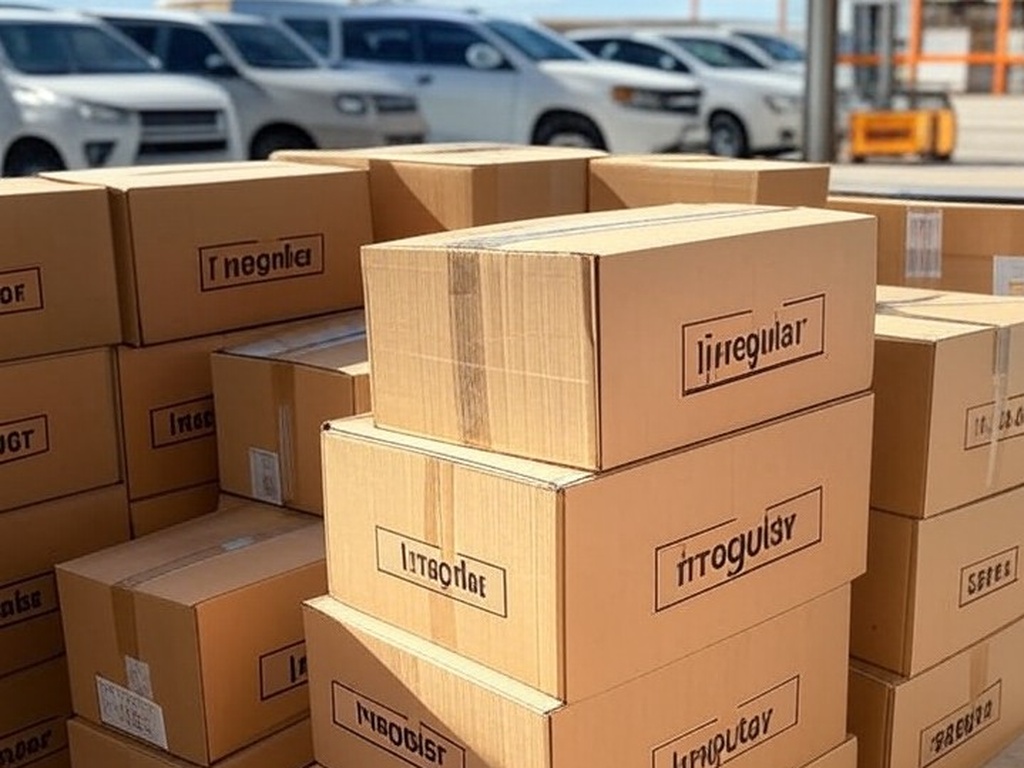 Armazém no DF com mercadorias irregulares apreendidas pela Receita, pilhas de caixas de produtos como eletrônicos e roupas.