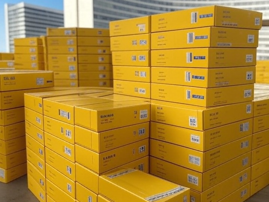 Caixas de vacinas contra febre amarela em armazém de Brasília, representando entrega do Ministério da Saúde ao Distrito Federal.