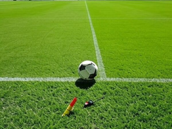 Campo de futebol com apito e cartões de árbitro, representando anúncio da CBF sobre salários para árbitros profissionais.