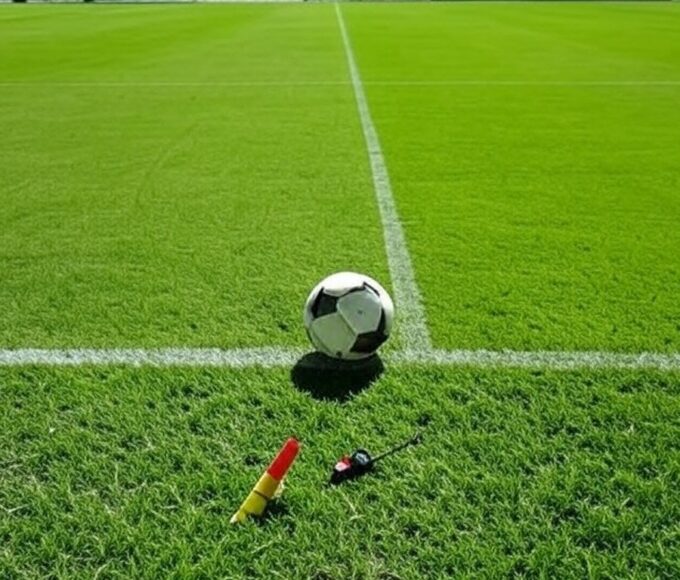 Campo de futebol com apito e cartões de árbitro, representando anúncio da CBF sobre salários para árbitros profissionais.