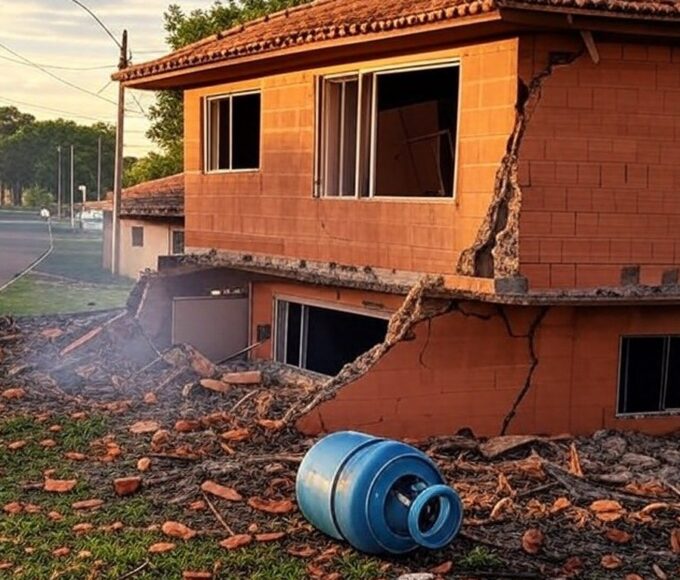 Residência em Ceilândia danificada por explosão de botijões de gás, com botijões espalhados e viatura de bombeiros ao fundo.