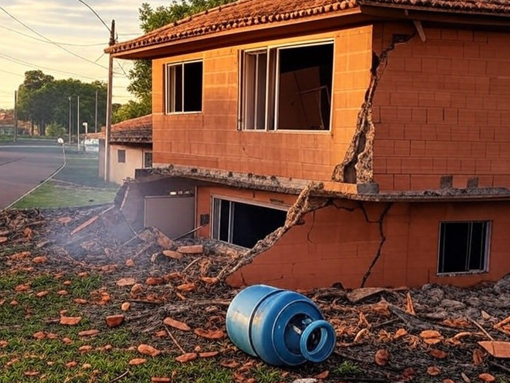 Residência em Ceilândia danificada por explosão de botijões de gás, com botijões espalhados e viatura de bombeiros ao fundo.