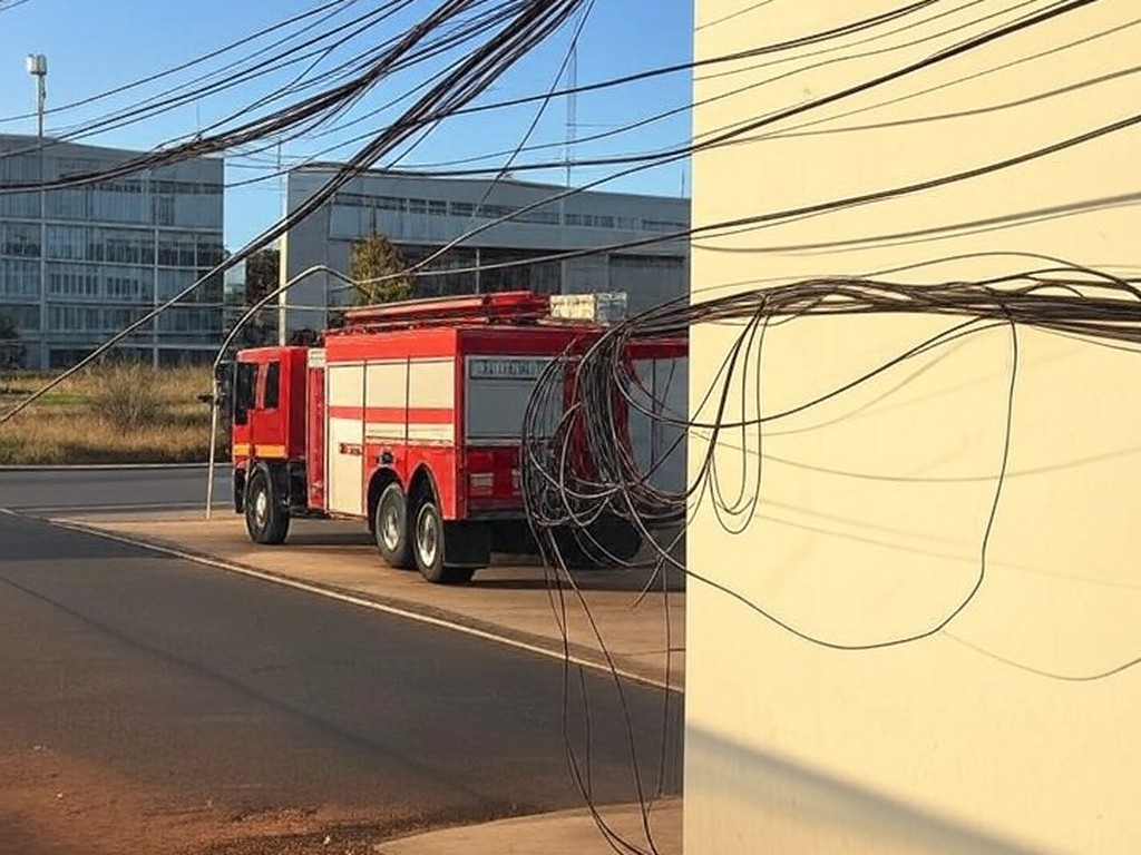 Residência em Brasília com fiação elétrica exposta, alertando para risco de incêndios no verão no DF, com caminhão de bombeiros ao fundo.