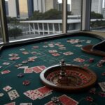 Mesa de jogos de azar vazia com cartas e fichas, ao fundo arquitetura de Brasília, ilustrando impactos sociais e financeiros no DF.