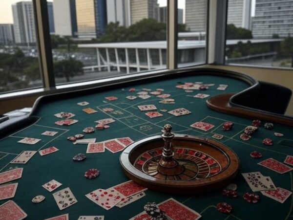 Mesa de jogos de azar vazia com cartas e fichas, ao fundo arquitetura de Brasília, ilustrando impactos sociais e financeiros no DF.