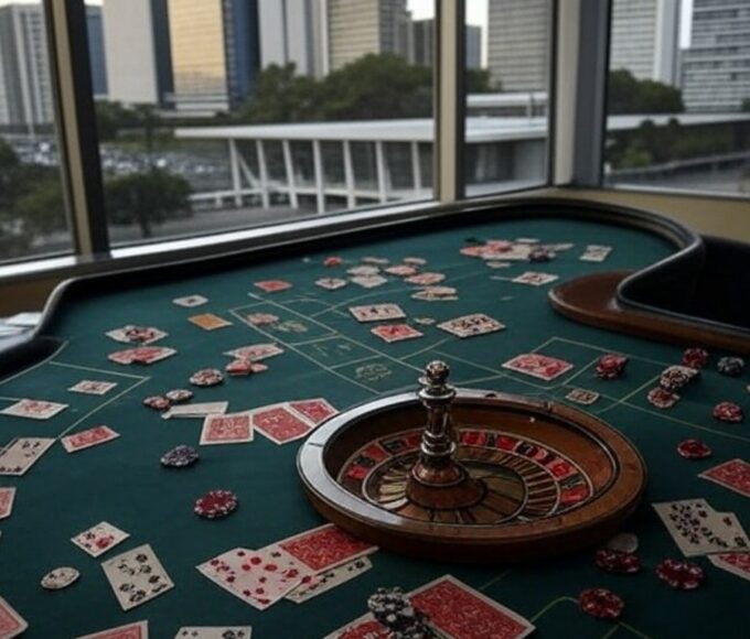 Mesa de jogos de azar vazia com cartas e fichas, ao fundo arquitetura de Brasília, ilustrando impactos sociais e financeiros no DF.