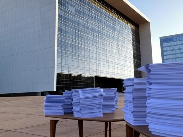 Edifício do TJDFT em Brasília com documentos judiciais, simbolizando 607 mil processos julgados e alta demanda.
