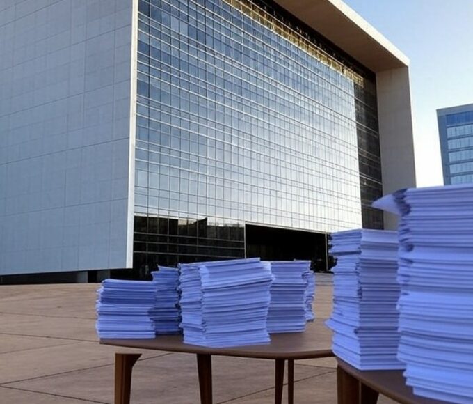 Edifício do TJDFT em Brasília com documentos judiciais, simbolizando 607 mil processos julgados e alta demanda.