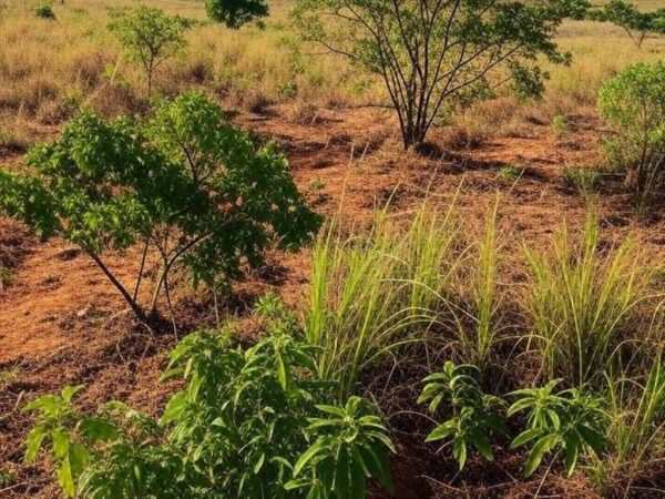 Paisagem do Cerrado no DF em processo de recuperação ambiental, com vegetação nativa crescendo.