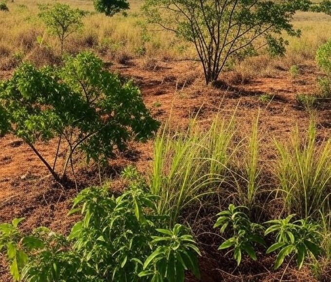 Paisagem do Cerrado no DF em processo de recuperação ambiental, com vegetação nativa crescendo.