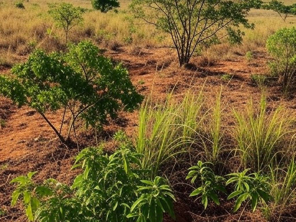 Paisagem do Cerrado no DF em processo de recuperação ambiental, com vegetação nativa crescendo.