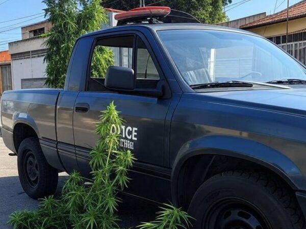 Viatura da PMDF em operação contra tráfico de drogas em Itapoã, com plantas de cannabis confiscadas.