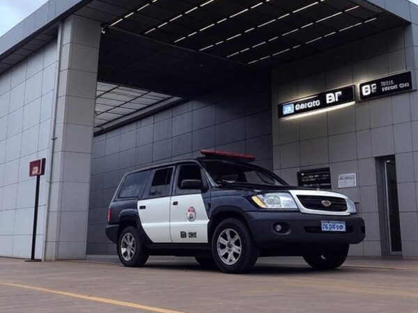 Estação de metrô em Brasília com viatura da polícia estacionada, representando prisão por lesão corporal.