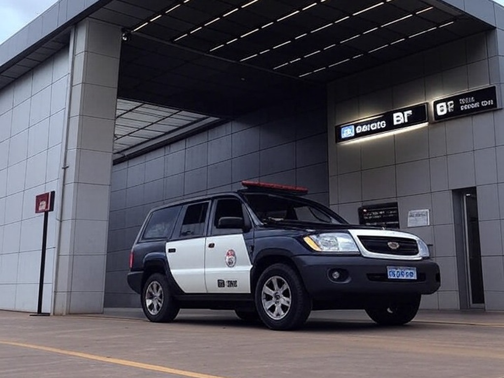Estação de metrô em Brasília com viatura da polícia estacionada, representando prisão por lesão corporal.