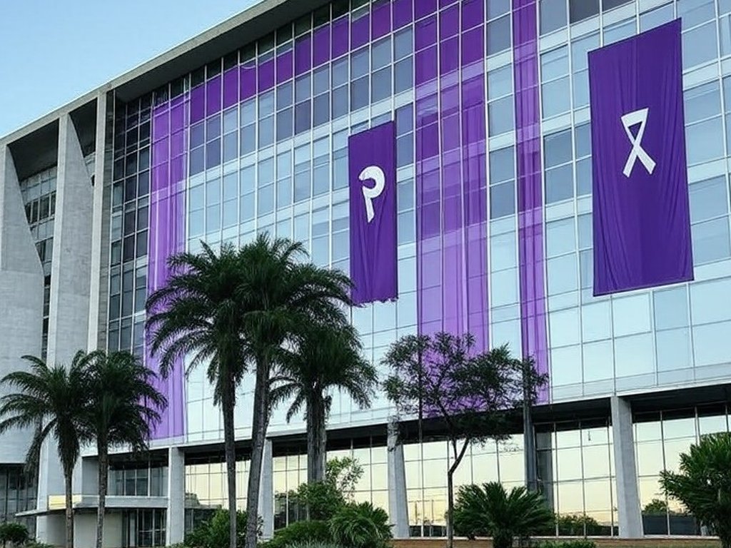 Prédio da Sefami-DF em Brasília com símbolos roxos de combate à violência doméstica, para programa de voluntários.