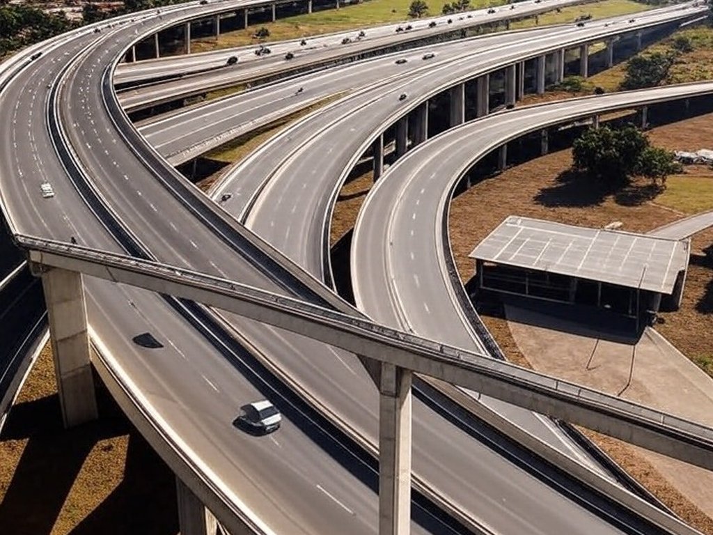 Viaduto entre Recanto das Emas e Riacho Fundo II aliviando tráfego no DF, com rodovias elevadas e paisagem urbana de Brasília.
