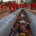 Equipamentos de bombeiros ao redor de tubulação em Brasília durante resgate de filhote de cachorro no Distrito Federal.