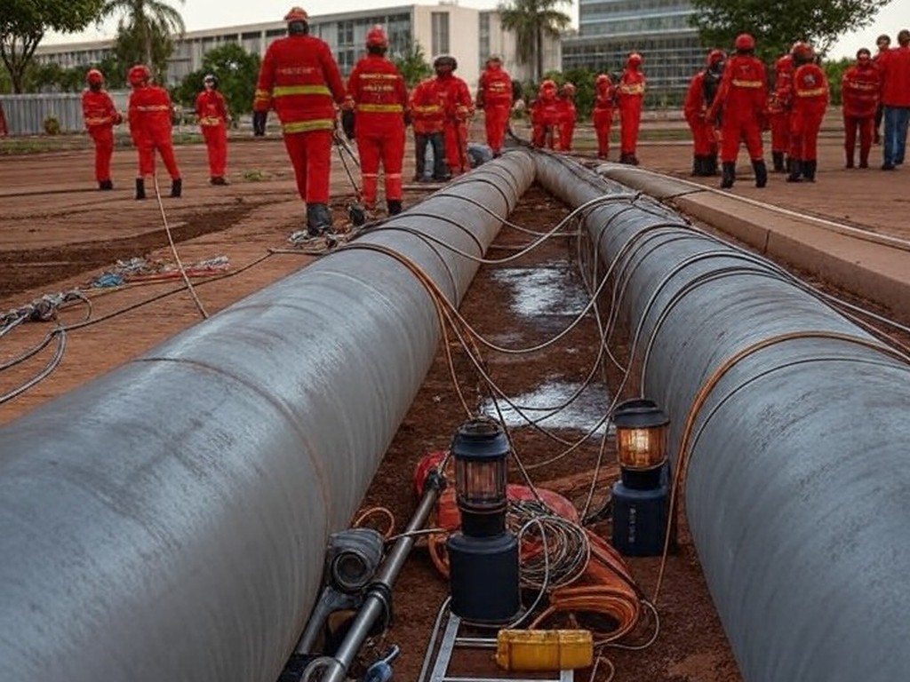 Equipamentos de bombeiros ao redor de tubulação em Brasília durante resgate de filhote de cachorro no Distrito Federal.