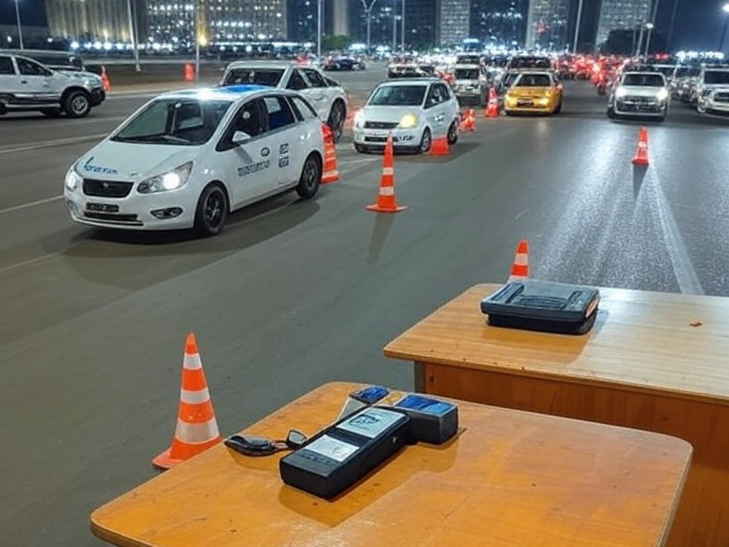 Operação surpresa do Detran-DF em Brasília com viaturas e equipamentos para flagrar motoristas alcoolizados.