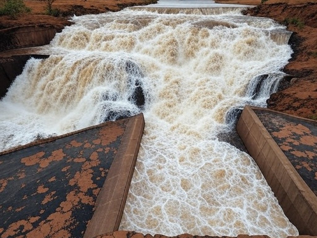 Reservatório do Descoberto transbordando no DF, expondo falhas no abastecimento hídrico.
