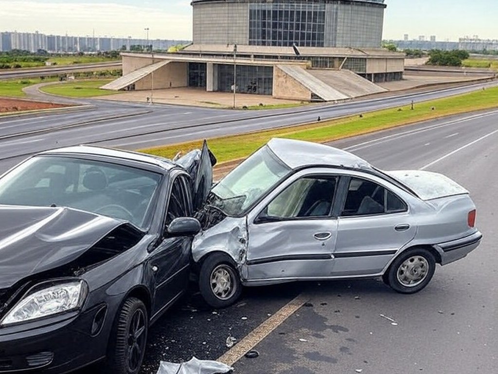 Cena de colisão de veículos na via N-1 em Brasília, em frente ao Teatro Nacional, com carros danificados.