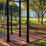 Parque em Brasília com equipamentos de exercícios, simbolizando programa Viver 60+ do Governo do DF para envelhecimento ativo de idosos.