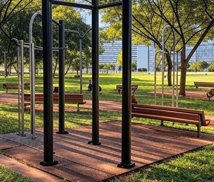 Parque em Brasília com equipamentos de exercícios, simbolizando programa Viver 60+ do Governo do DF para envelhecimento ativo de idosos.