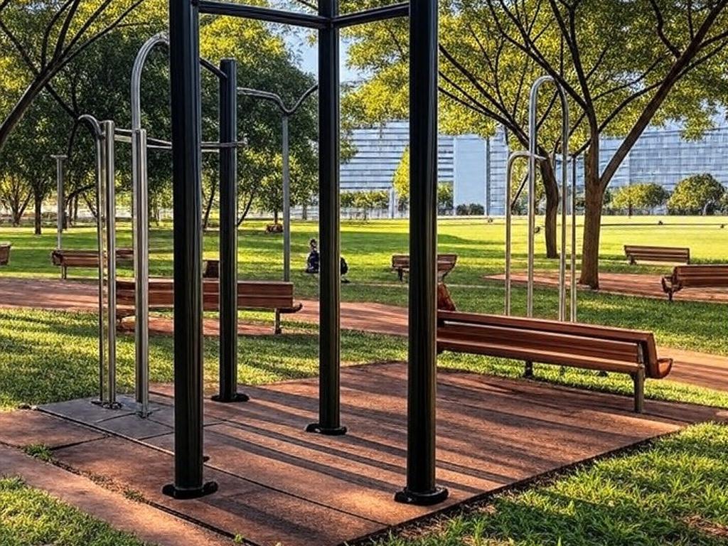 Parque em Brasília com equipamentos de exercícios, simbolizando programa Viver 60+ do Governo do DF para envelhecimento ativo de idosos.