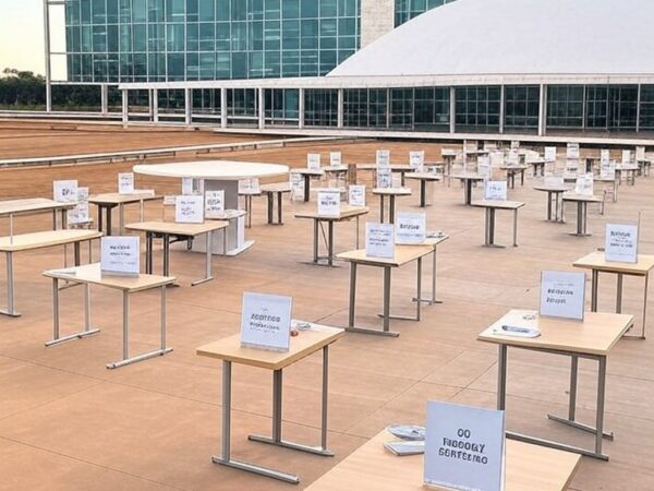 Centro de empregos em Brasília com arquitetura moderna, representando vagas de emprego no Distrito Federal com salários até R$ 3,5 mil.