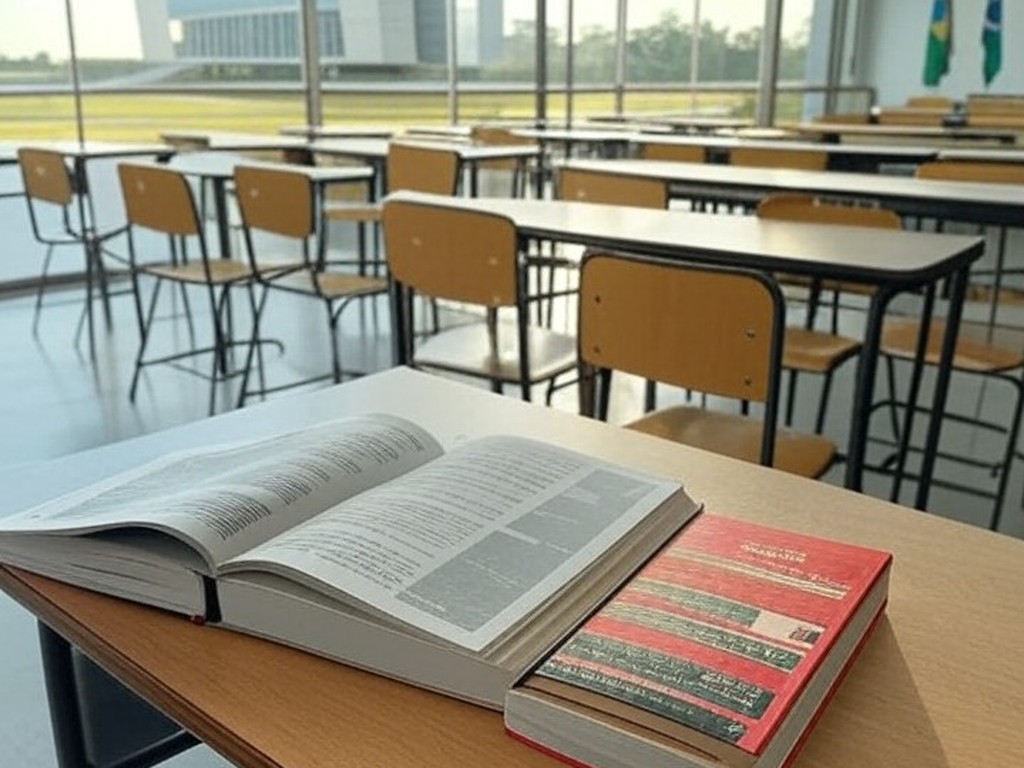 Mesa com livros de educação antirracista em sala de aula em Brasília, representando parceria SEEDF e OAB-DF no DF.