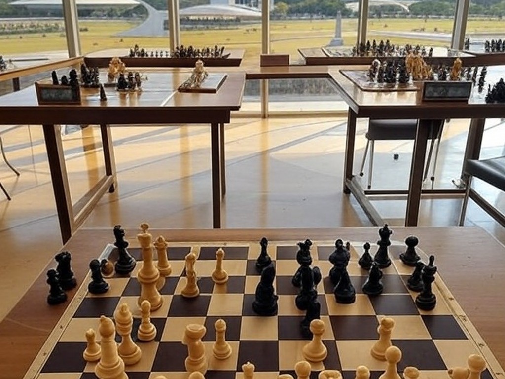 Biblioteca Nacional de Brasília com tabuleiros de xadrez para o torneio Brasília Chess Open, reunindo enxadristas por prêmios de R$ 22 mil.