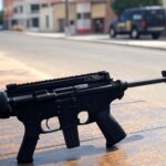 Carabina calibre .32 apreendida pela PMDF em rua de Ceilândia, com viatura ao fundo.