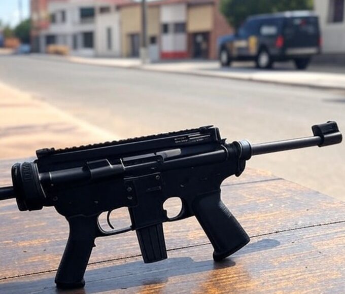 Carabina calibre .32 apreendida pela PMDF em rua de Ceilândia, com viatura ao fundo.