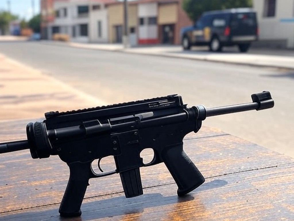 Carabina calibre .32 apreendida pela PMDF em rua de Ceilândia, com viatura ao fundo.