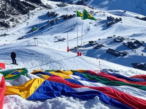 Paisagem nevada de pista de esqui com bandeira brasileira, representando conquista de prata na Copa do Mundo.