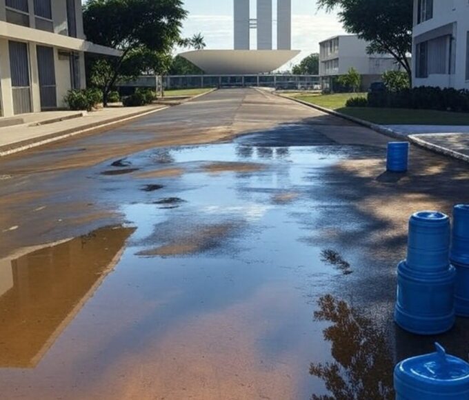 Paisagem urbana em Brasília com medidas de prevenção à dengue, ilustrando redução de 96% nos casos em 2025.