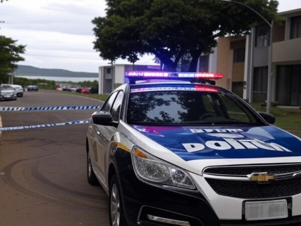 Viatura da polícia em rua do Lago Norte após perseguição com baleados, Brasília.